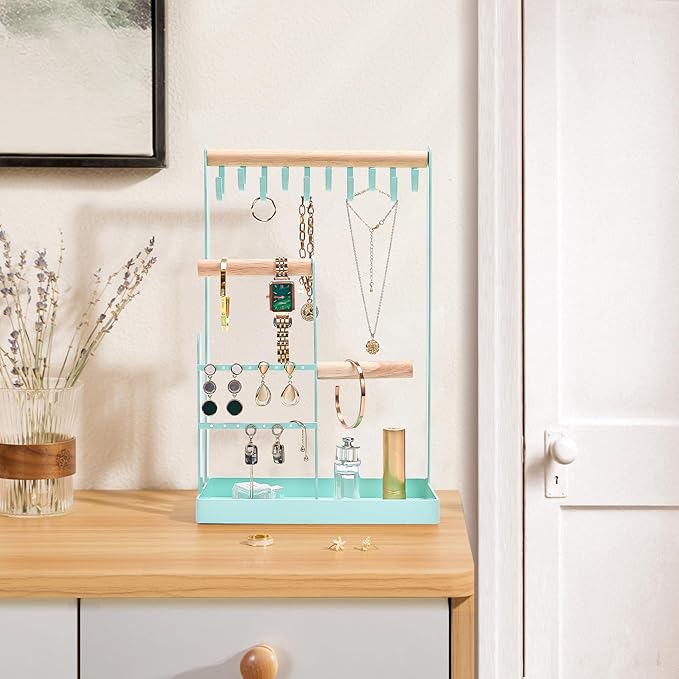 ProCase Jewelry Stand Holder Organizer, 4-Tier Necklace Holder with Ring Tray, 10 Hooks Necklaces Hanging Small Jewelry Display Storage Tower Tree for Bracelets Earrings Watches -Medium, Aqua