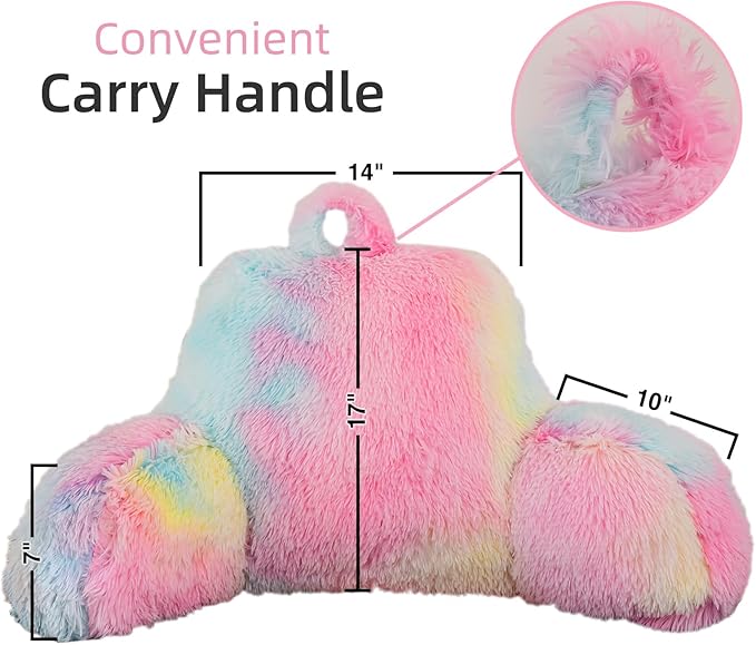 A Nice Night Faux Fur Reading Pillow Bed Wedge Large Adult Children Backrest with Arms Back Support for Sitting Up in Bed/Couch for Bedrest,YellowPink