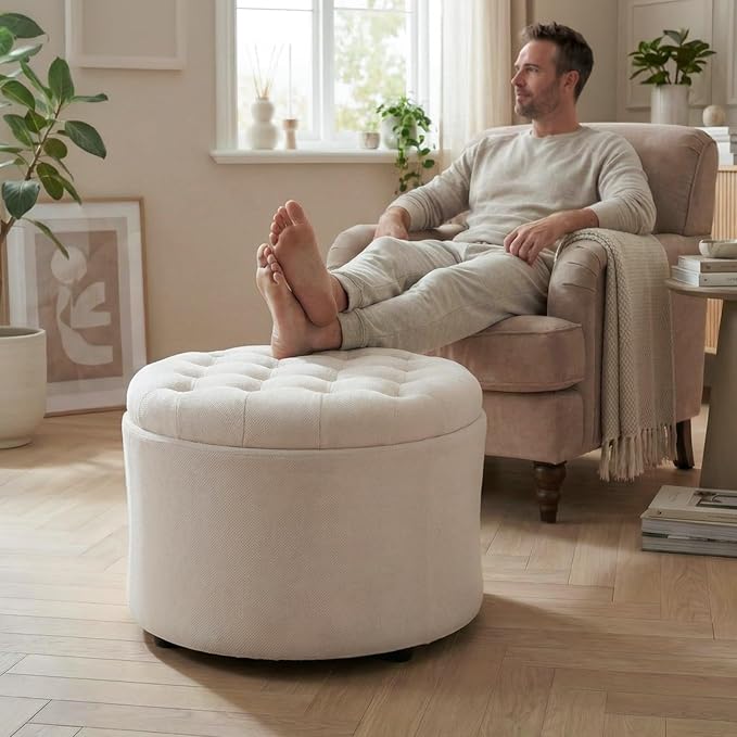 ONBRILL 25" Round Ottoman Coffee Table, Storage Ottoman with Lift-Off Lid, Multifunctional Foot Rest & Hidden Storage, Sturdy Steel Frame for Bedroom, Living Room, Corners, Apartment”