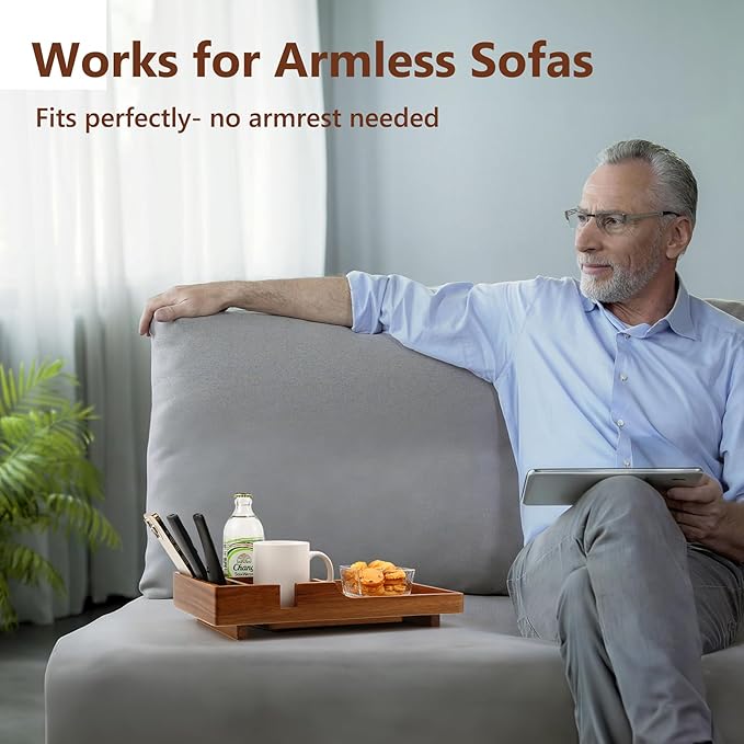 Couch Insert Tray for Middle Seat, Acacia Wood Couch Table with 2 Cup Holders, Fits Armless Sofa & Sectionals, Fold-Flat Tray for Drinks, Snacks & Remotes