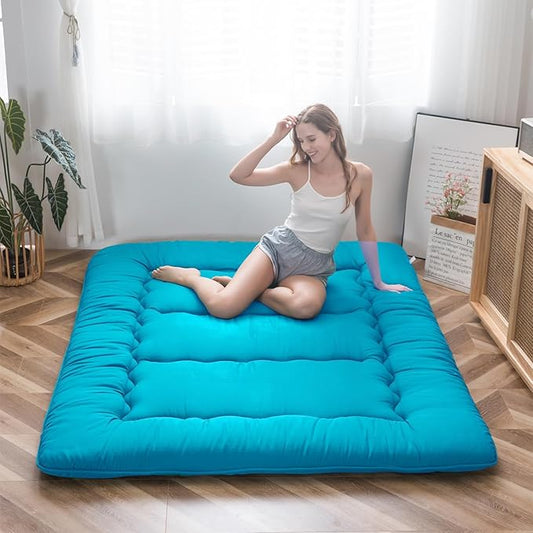 MAXYOYO Japanese Floor Mattress Futon Mattress, Thicken Tatami Mat Sleeping Pad Foldable Roll Up Mattress Boys Girls Dormitory Mattress Pad Kids Floor Lounger Couches and Sofas, Turquoise, Queen