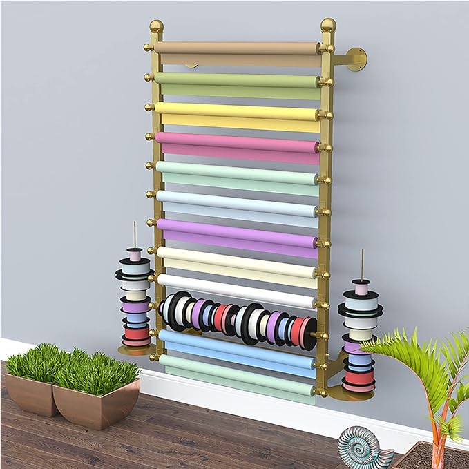 Wall Wrapping Paper Ribbon Organizers and Storage for Gift Shop/Flower Store, Iron Finish Commercial Multi-Purpose Stand, 120cm/47.2inch Tall,Gold 70cm/27.5in Wide