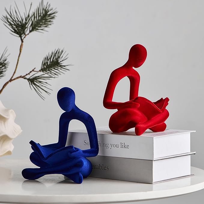 Navy Blue Reading Statue Decor, Modern Abstract Thinker Sculptures Decorations for Living Room, Flocked Figurine for Dining Room Office TV Stand Shelf Coffee Table Decoration, Gifts for Women