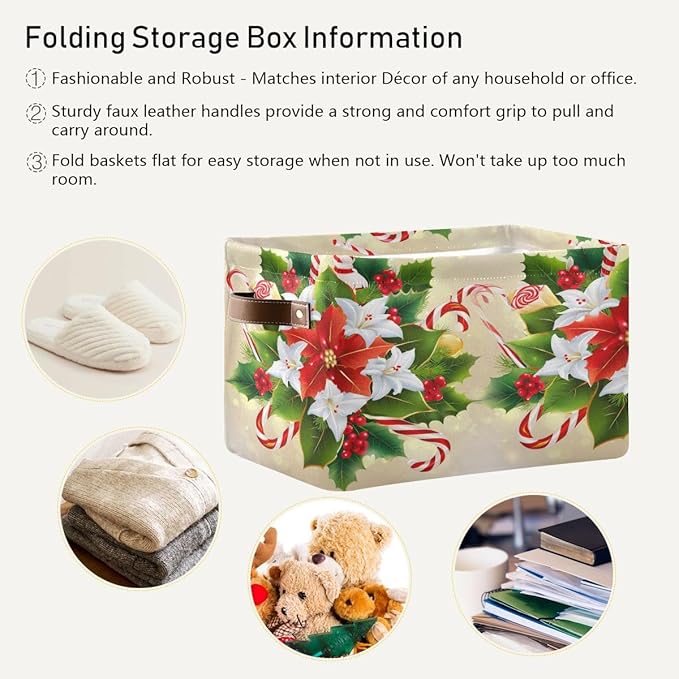 Christmas Storage Basket, Collapsible Canvas Organizer, 14.2x10.2x8.3 Inches, Water Resistant, Festive Holiday Design with Steel Frame, Rectangular Storage Box for Bedroom Organization