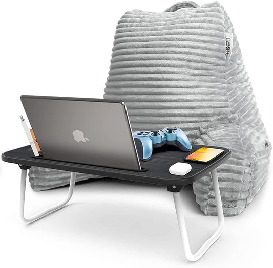 Nestl Light Grey Reading Pillow with Bed Desk for Laptop and Writing, Luxe Cut Plush Back Pillow for Sitting Up, Back and Arms Adjustable Support for Adult and Teens, Foldable Lap Desk for Bed 22x14”