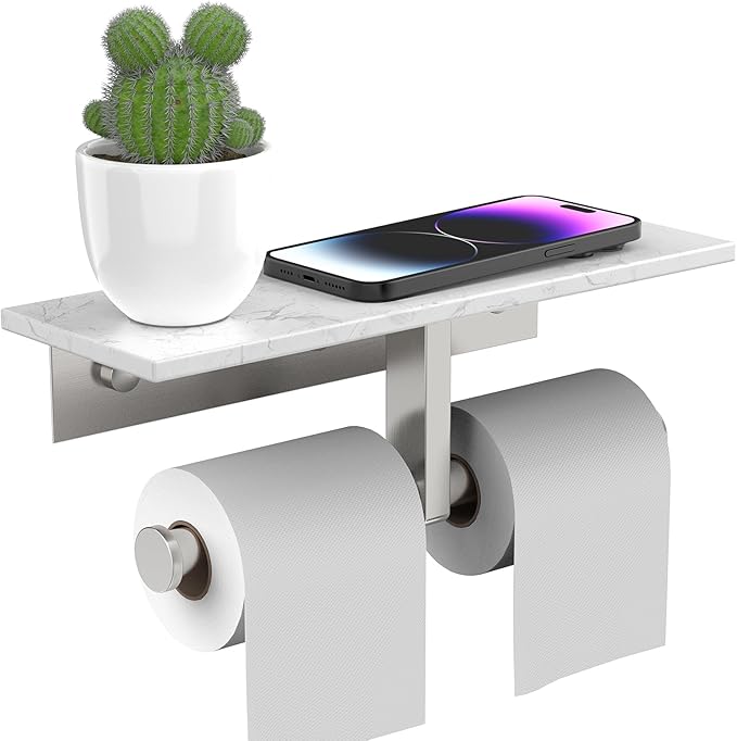 BWE Double Toilet Paper Holder with Shelf, Wall Mounted Tissue Roll Holder for Bathroom, Commercial Toilet Paper Dispenser, Marble Toilet Paper Storage Holder with Phone Shelf (Brushed Nickel)