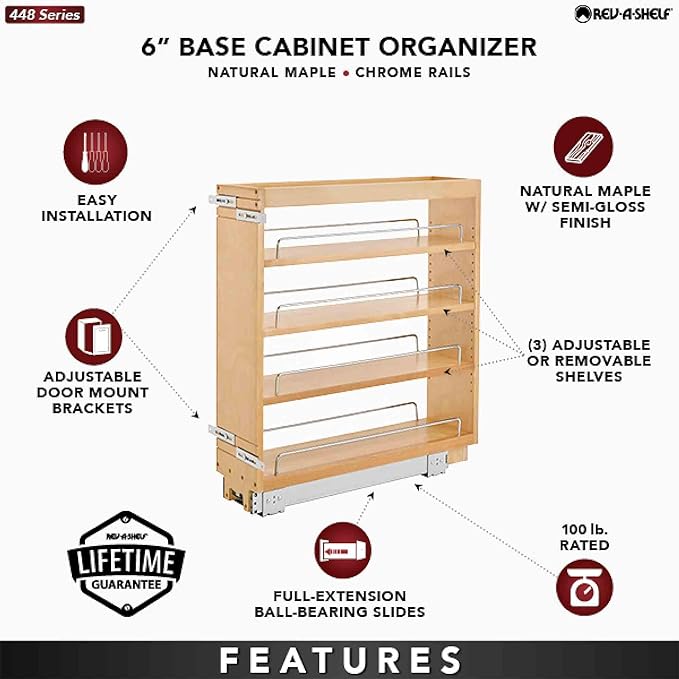 Rev-A-Shelf 6.5 in Pullout Kitchen Cabinet Storage Organizer Slide Out Pantry Spice Rack with Adjustable Shelves, Natural Maple, 448-BC-6C - Home Organizing System for Pots, Pans, and Utensils