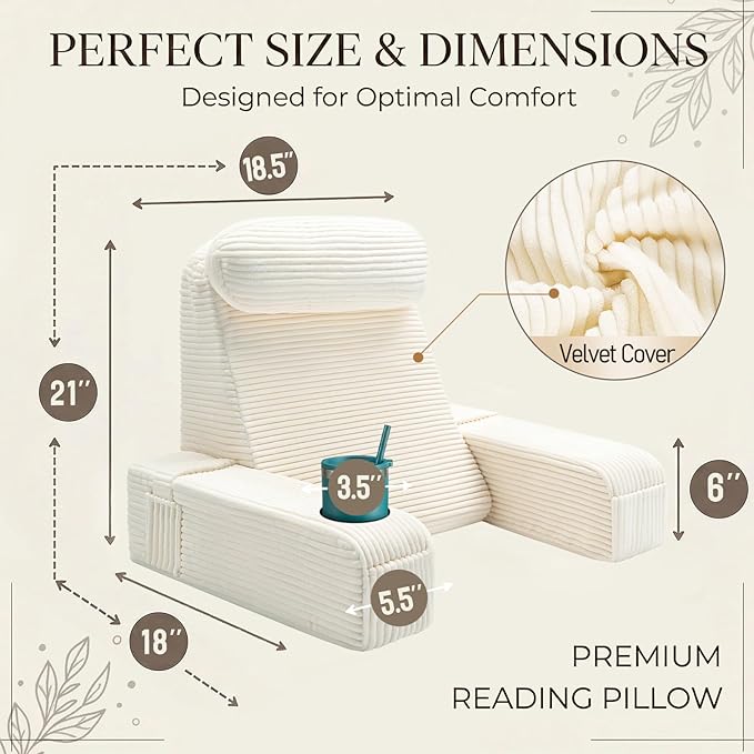 AS AWESLING Reading Pillow for Adults, Back Pillow for Bed Sitting Up, Backrest Pillow for Sitting in Bed, Detachable Arms with Built-in Cup & Phone Caddy (Beige-Corduroy, 21 INCH)