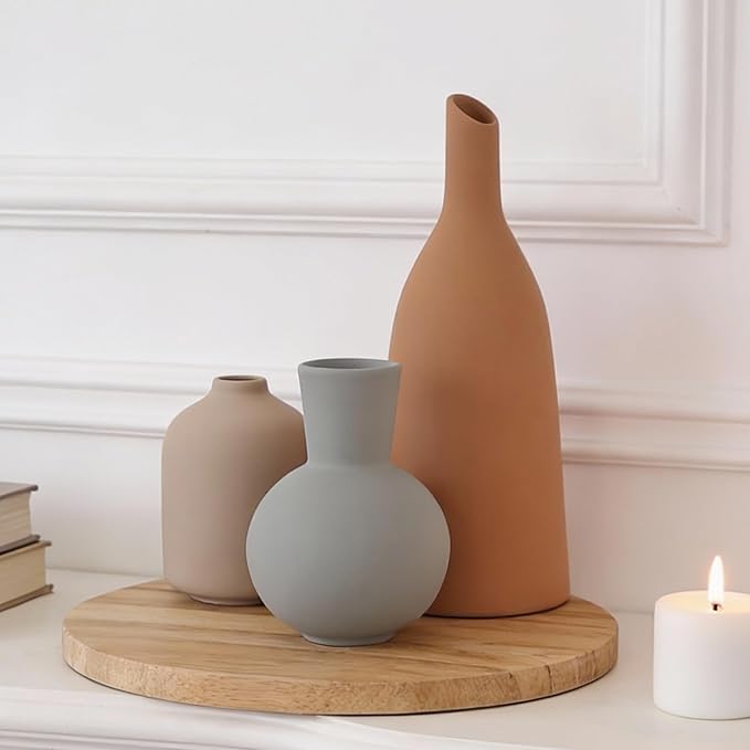 Ceramic Vase Home Table Decor, Pottery Boho Rustic Farmhouse Decor, Small Vases for Coffee & Dinner Table, Mantel, Shelf - Home Decor for Living Room, Bedroom, Office