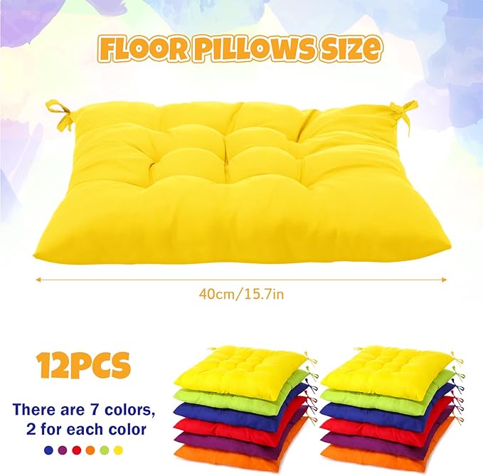 Geetery 12 Pcs Floor Pillows Bulk Seating Cushions for Floor Chair 15.7'' Large Meditation Cushion for Yoga Living Room Tatami Bedroom Balcony Office (Colorful,Square)