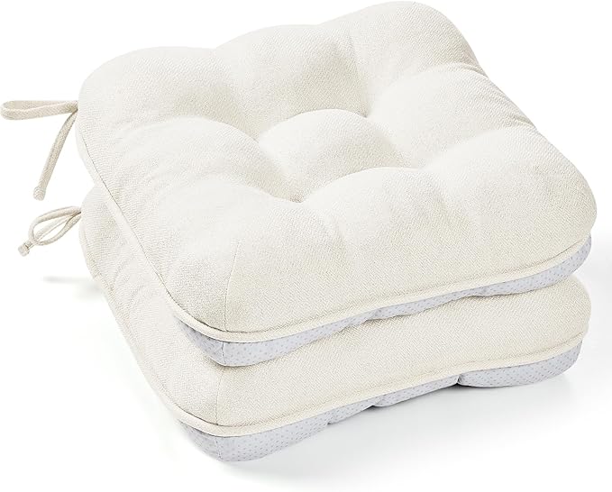 BETU White Chair Cushions for Dining Chairs Set of 2,3.5" Thick Kitchen Table Chair Pads with Ties,Non Slip Backing and Covers, Seat Cushion for Dining Room,Bar,Patio Chairs,16"X16"X3.5",White