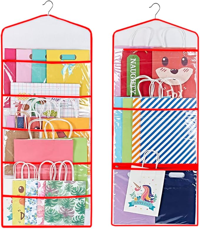ProPik Storage for Gift Bags, Tissue Paper, and Wrapping Paper - Hanging Gift Bag Storage Organizer - 38 x 16 Inch PVC (Red)