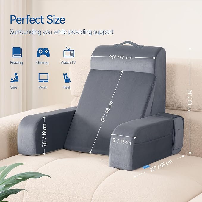 Kayfia Reading Pillow, 10 in 1 Back Pillow for Bed Sitting up with Detachable Arms Rest, Back Rest with Gel Memory Foam, Reading/Gaming/Working in Bed or Couch 21'', Gray