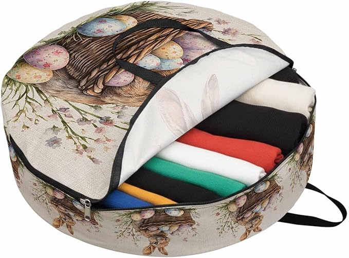 Easter Rabbit Round Storage Bag 24 Inch, Vintage Basket Pink Blue Eggs Spring Flower Linen Texture Clothes Storage Container with Handles Heavy Duty Organizer for Comforter, Bedding & Holiday Wreaths