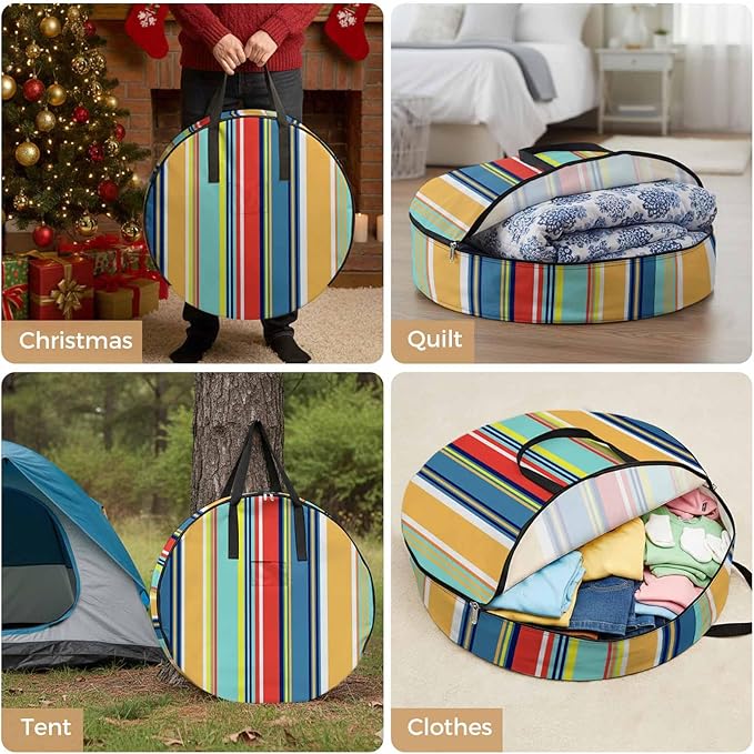 Storage Bag Colorful Stripes Round Storage Totes Bins Closet Organizers with Zippers & Handle Boho Style Lines Striped Clothes Storage Container for Bedroom Dorm Space Saving Packing Supplies Bags