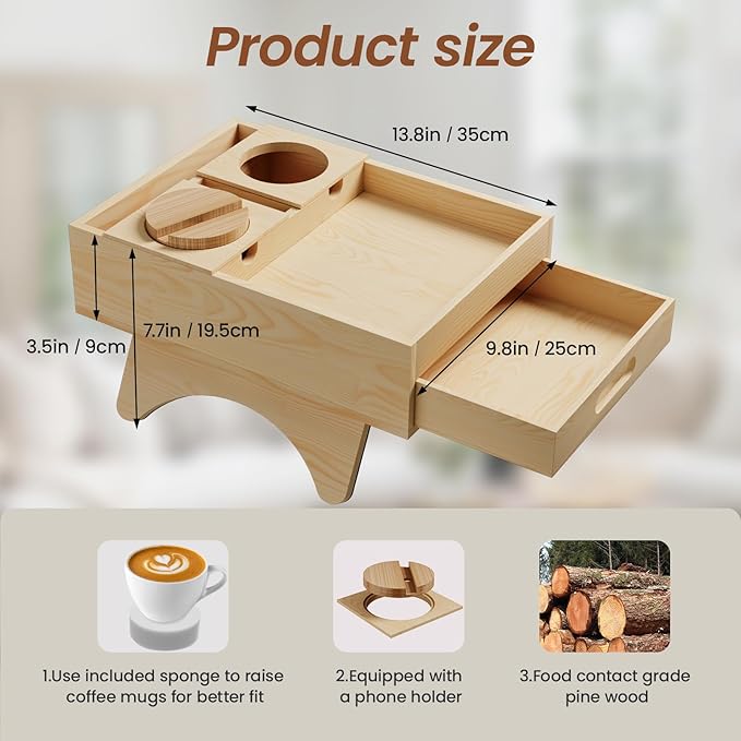 Sofa Arm Tray Table - Adjustable Couch Armrest Table with Cup Holders, 360° Rotating Tablet Holder, Anti-Slip Base & Storage Drawer - Fits 4" to 12.4" Armrests, Waterproof Pine Wood