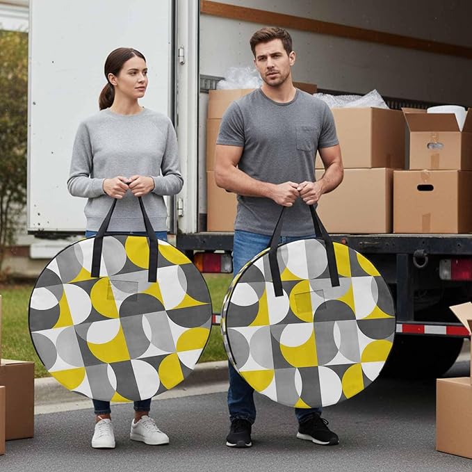 Storage Bag Mid Century Geometric Round Storage Totes Bins Closet Organizers with Zippers & Handle Abstract Modern Yellow Gray Clothes Storage Container for Bedroom Dorm Space Saving Packing Supplies