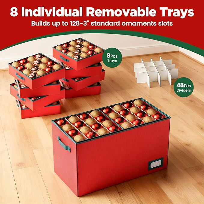 Christmas Ornament Storage Box-Hold 128 Ornaments, Xmas Ornament Organizer Storage box with Lid and Adjustable Dividers, Extra Large Holiday decorations Storage Container with Individual Trays, Red