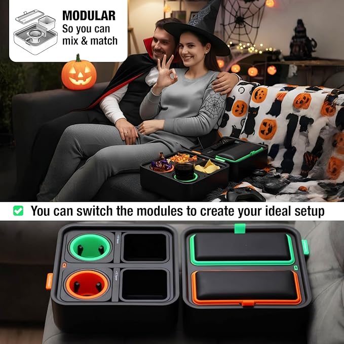 CouchConsole Original Tray - Drinks & Snacks Sofa Caddy with Armrest, Table with Phone Stand- TV Remote Control Storage and Organizer - for Living Rooms, RV, and Cars, Black/Black