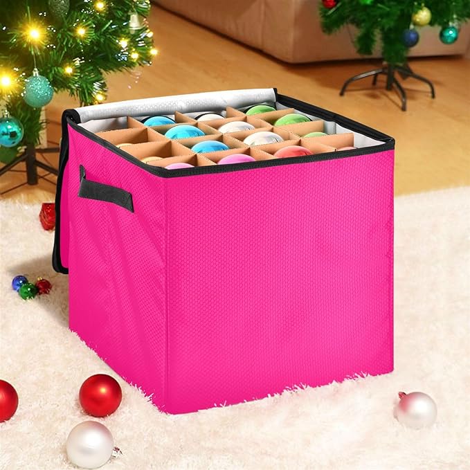 Hot Pink Christmas Ornament Storage Basket Box Holiday Storage Container Cube with Adjustable Dividers for 64 Holiday Ornaments or Decorations Keeps Clean and Dry for Next Season