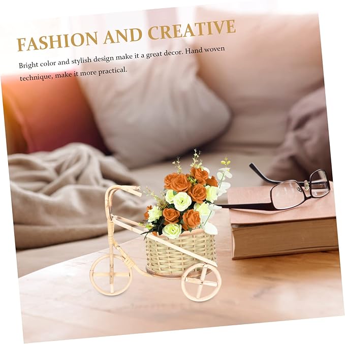 VOSAREA Handmade Rattan Tricycle Basket Mini Bamboo Pen Organizer for Desktop Decor Creative Storage for Home Office and Parties