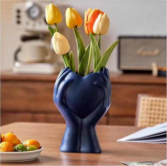 8" Heart Hand Navy Blue Ceramic Vase - Unique Modern Aesthetic Flowers Vase for Living Room Bedroom Office Kitchen Table Centerpiece or Shelf Decor-Gifts for Wedding Bridal Shower Women Mom (Blue)