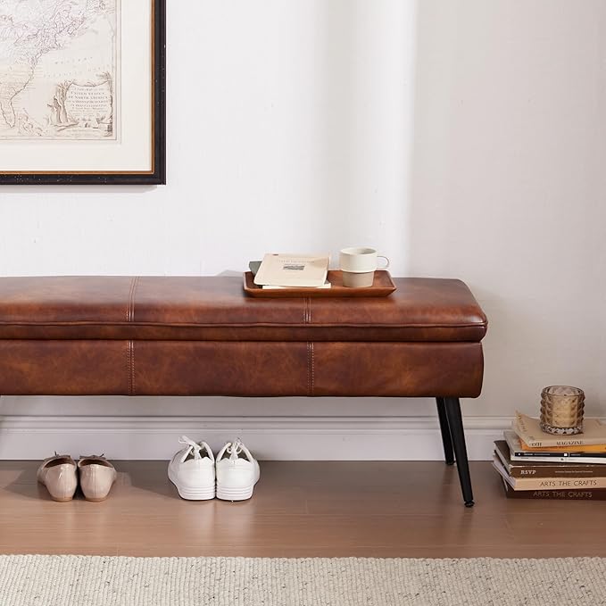 Ottoman with Storage Bench, End of Bed Bench with Flipping Lid, Mid-Century Modern & Faux Leather with Stitching, Loads 660 lb, for Living Room, Bedroom, Entryway, Retro Brown