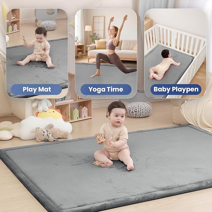 Large 79"x110" Baby Activity Play Mat for Floor,1.3" Thick Elasti Foam Cushion Mat for Tummy Time & Crawling,Non-Slip&Safe for Infants,Toddlers & Kids, for Living Room,Classroom & Playroom (Dark Gray)