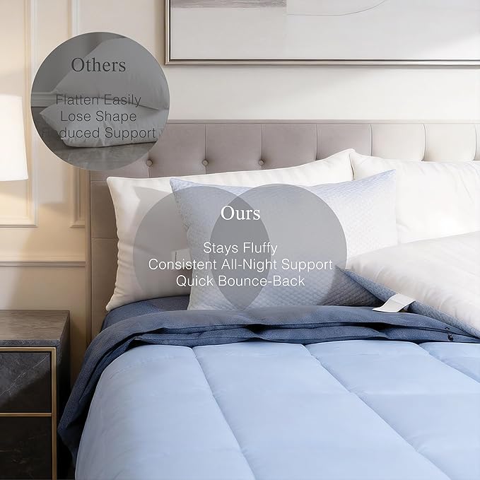 Blue Ridge Home Fashions Luxury Hotel Quality Cooling Pillows Queen Size Set of 2, Soft Medium 500 Thread Count Damask Stripe Embroidered 100% Cotton Cover, Down Alternative