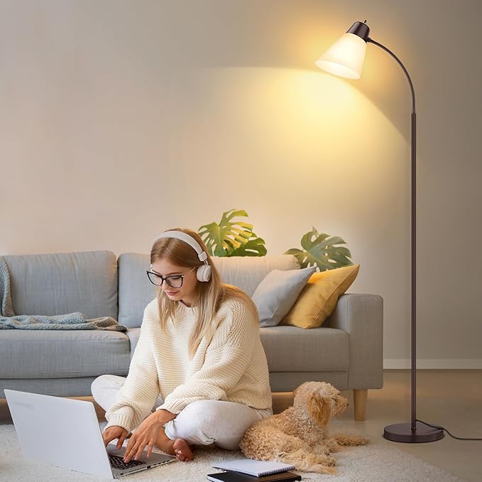 Coucrek Floor Lamp for Living Room, Adjustable Standing Room Lamp with White Plastic Shade, Brown Reading Floor Lamps for Dorm, Bulb not Included