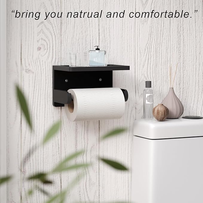 VERTORGAN Toilet Paper Holder with Phone Shelf,Bamboo Wall Mounted Tissue Roll Holder for Bathroom(Black)