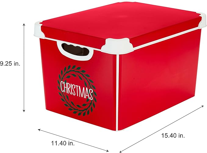 Simplify Christmas Wreath Design Holiday Tote Bin Ornament Storage | Dimensions: 15.4"x 11.4"x 9.25" | Holds 60 Ornaments | Red | Removable Lid | Easy Carry Handles |