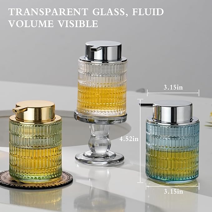 CICUFY Glass Foam Soap or Lotion Dispenser, Refillable Liquid Dispenser with Large Silver Pump (Striped Pattern-Blue)