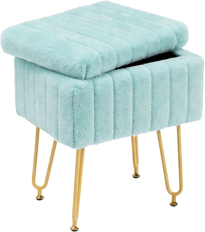 DUMOS Vanity Stool Chair with Storage, Small Ottoman Faux Fur Soft Padded Footstools Seat with 4 Metal Legs Anti-Slip Adjustable Feet Modern Footrest for Home Entryway Bedroom Makeup Mint