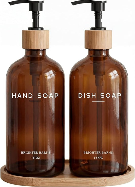 Amber Glass Hand and Dish Soap Dispenser Set by Brighter Barns - Kitchen Soap Dispenser Set with Tray - Bamboo Pump Bottles for Kitchen Sink - Modern Home Decor, Neutral Decor for Airbnb, Gift (Amber)