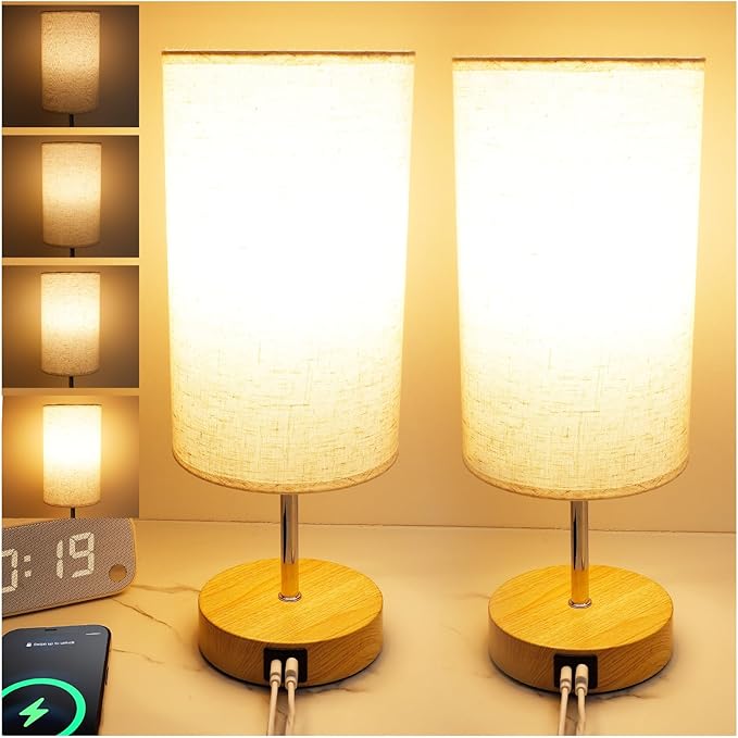 UNIFUN Bedside Table Lamp for Bedroom - 4 Way Dimmable Touch Lamp with USB and Type-C Charge Port,Small Wood Base Round Flaxen Fabric Shade Lamp Living Room,Bedroom Use (Yellow Base, 2Pack)
