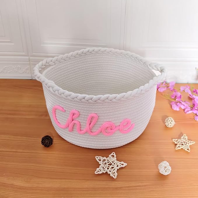 FKOG Handmade Personalized Baby Show Gift Basket, Custom Cotton Rope Storage Basket, Baby Nursery Organizer with Custom Name, Newborn Baby Baptism Gift (White Baby Girl Basket)