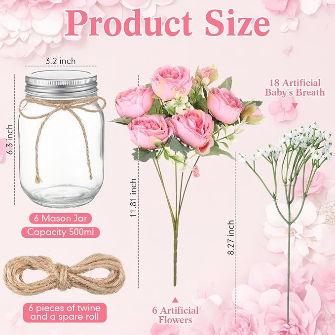 Zeyune Mason Jar Centerpiece Table Decorations, Artificial Peony Baby's Breath Flower Bouquets, Faux Flowers with Vase, Rustic Decor Gifts for Home, Wedding, Holiday(6 Sets,Coral Pink)