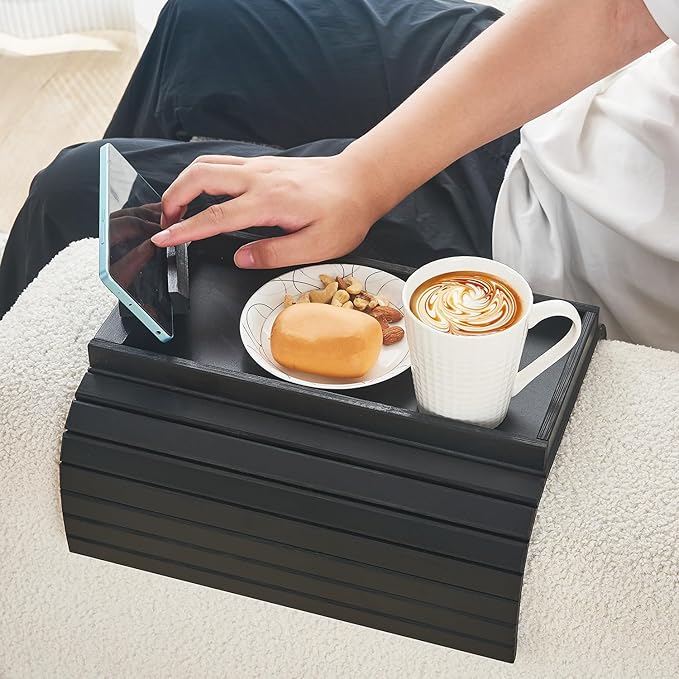 LOVYANXUE Bamboo Sofa Arm Tray Armrest Table with 360° Rotating Phone Holder, Anti Falling Couch Arm Tray, Foldable and Portable Sofa Armrest Cup Holder for Drink,Cups, Phone, Snacks, Remote