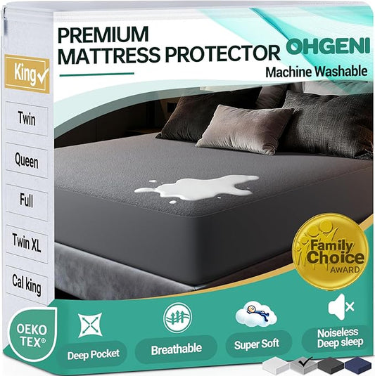 OhGeni 100% Waterproof Mattress Protector, King Grey Size, Fitted Sheet with Deep Pockets, 6''-18'', Premium Noiseless Breathable Soft Material, Mattresses Cover for Bed