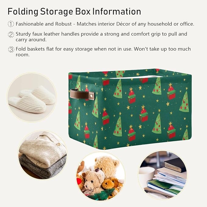 Christmas Storage Basket, Collapsible Canvas Box with Green Tree Pattern, 14.2x10.2x8.3 Inches, Decorative Organizer for Bedroom Storage with Leather Handles
