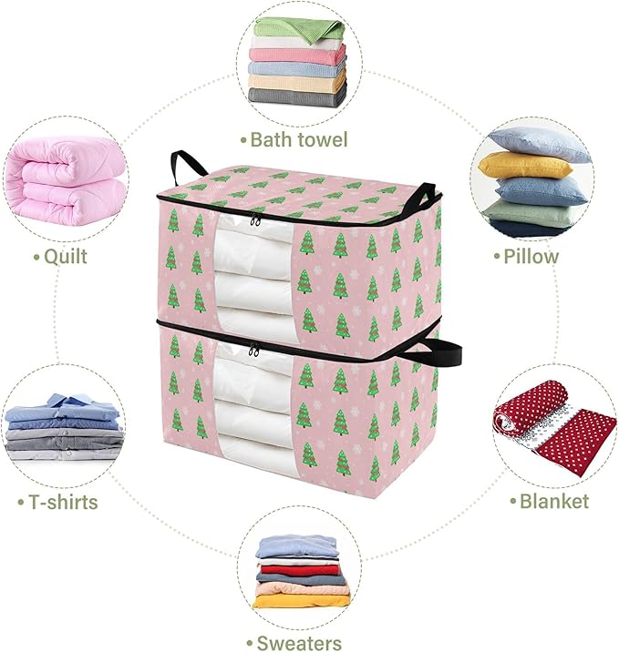 Burbuja Christmas Tree Clothes Storage Bag with Lids and Handle, 2 Pack Foldable Blanket Storage Container with Sturdy Zipper & Clear Window for Bedroom Closet, 60L