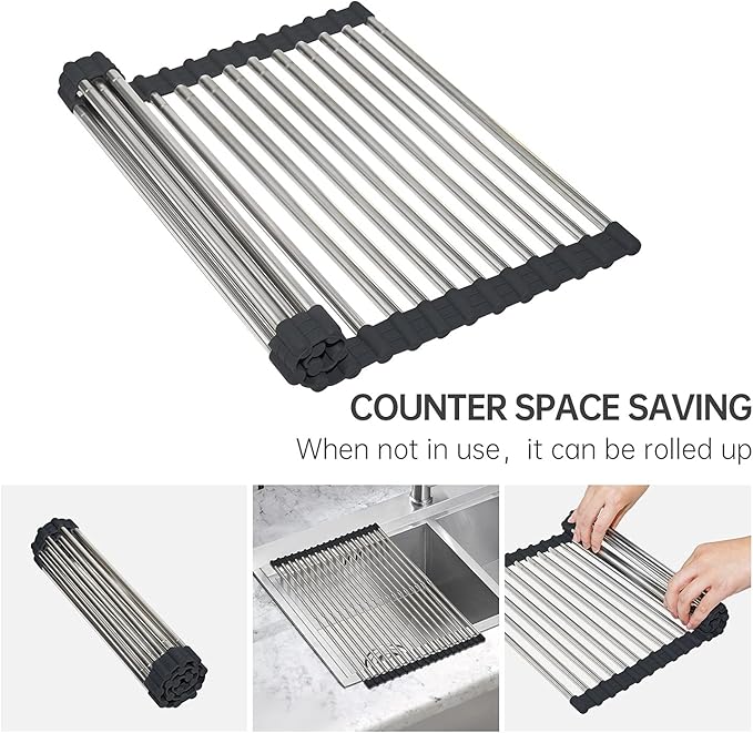 CHIRISEN Expandable Large Roll Up Dish Drying Rack, Foldable Over The Sink Dish Drying Rack, Rolling Dish Drainer Stainless Steel Roll Rack for Kitchen Sink Counter (Black, 21.25x12.79)