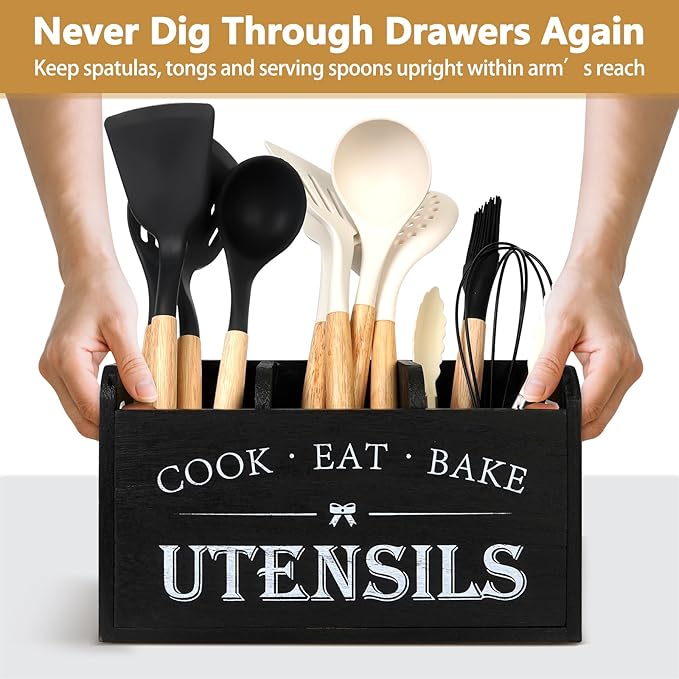 Farmhouse Cooking Utensils Organizer - Kitchen Utensil Holder Black Rustic Solid Wood Countertop Utensil Holder, 3 Compartment Spoon Holder for Kitchen Decor