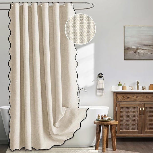 MIULEE 96" Long Scalloped Shower Curtain Linen Textured with 12 Metal Hooks Cute Extra Long Heavy Duty Washable Waterproof Cloth Shower Curtains with Black Border for Bathroom Hotel Bathtub,Beige