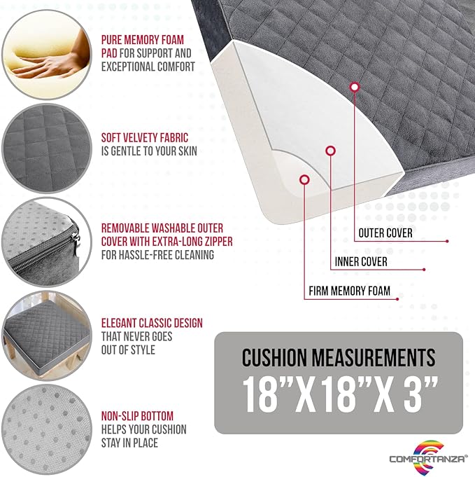 Firm 18x18x3 Memory Foam Seat Cushion for Home, Office, Car - Washable Velvety Cover with Waterproof Layer & Non-Slip Base - Booster Cushion - Sciatica & Back Pain Relief - Brown
