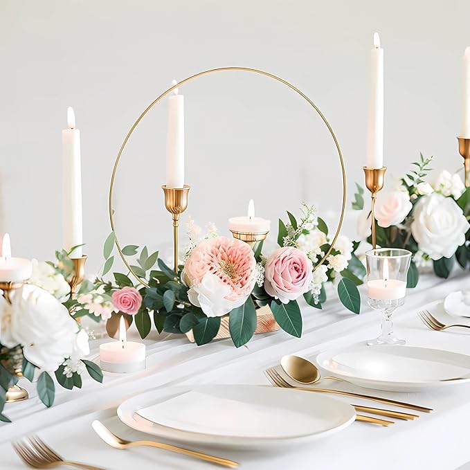 25Pcs 12 Inch Metal Floral Hoop Centerpiece with Stand for Table, Metal Macrame Gold Wreath Ring with 25Pcs Holders Stand for DIY Wedding Decor Wall Hanging Dream Catcher Crafts