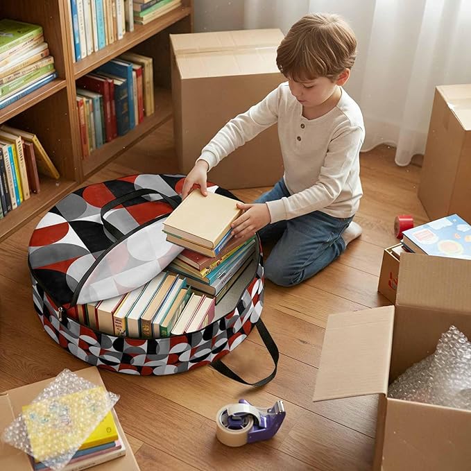 Storage Bag Mid Century Geometric Round Storage Totes Bins Closet Organizers with Zippers & Handle Abstract Modern Red Clothes Storage Container for Bedroom Dorm Space Saving Packing Supplies Bags