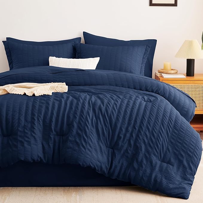 CozyLux Oversized Queen Comforter Set Navy Blue Seersucker 7 Pieces 98x98 Bed in a Bag Comforter Set with Sheets, Luxury Soft Bedding Sets with Down Alternative Comforter, Sheets, Pillowcases & Shams