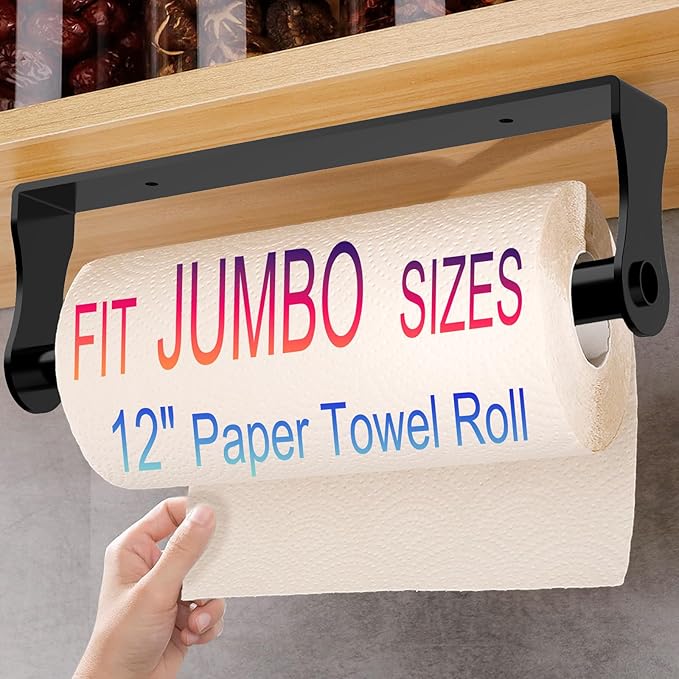 Paper Towel Holder Under Cabinet,Black Stainless Steel Under Counter Wall Mount,Paper Towel Holder,Waterproof and Rustproof Self-Adhesive Kitchen Roll Rack for Kitchen/Living Room/Bathroom